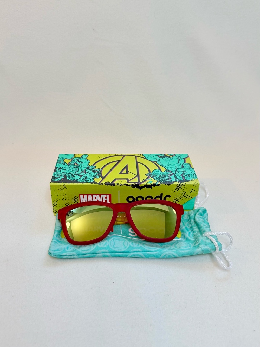 Goodr Marvel Red Frame Sunglasses with Yellow Mirrored Lenses- J.A.R.V.I.S.